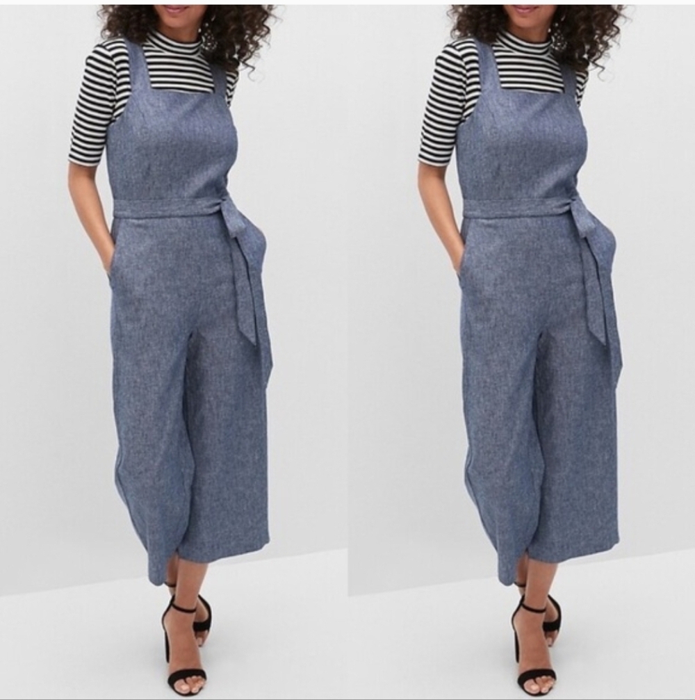Banana Republic Square Neck Crop Jumpsuit Blue Chambray Linen Blend Sleeveless 6